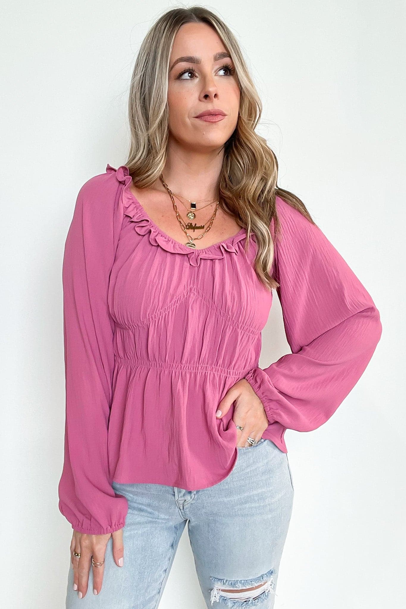 S / Orchid Flirtatious Ways Ruched Ruffle Top - FINAL SALE - Madison and Mallory