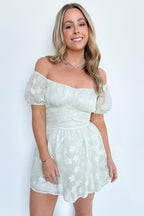 S / Sage Floating Through Flowers Off Shoulder Romper - FINAL SALE - Madison and Mallory
