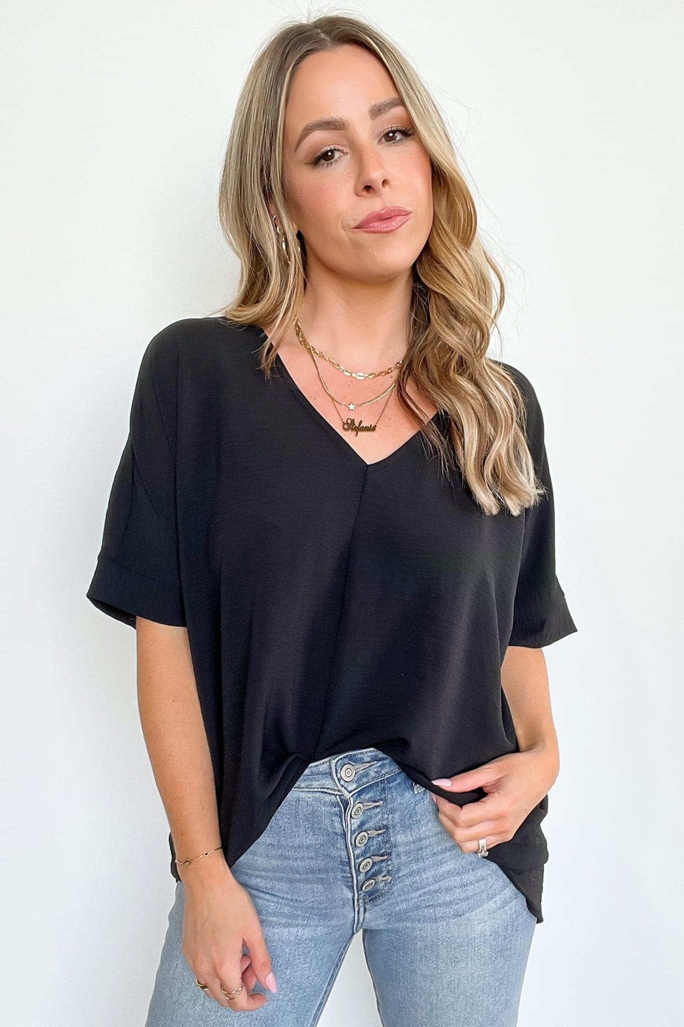 Black / S Florinda Flowy Airflow V-Neck Dolman Sleeve Top - BACK IN STOCK - Madison and Mallory