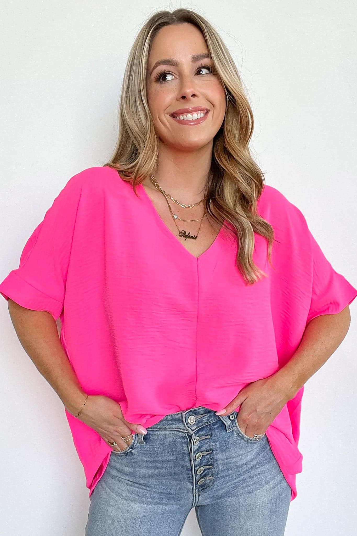 Neon Fuchsia / S Florinda Flowy Airflow V-Neck Dolman Sleeve Top - BACK IN STOCK - Madison and Mallory