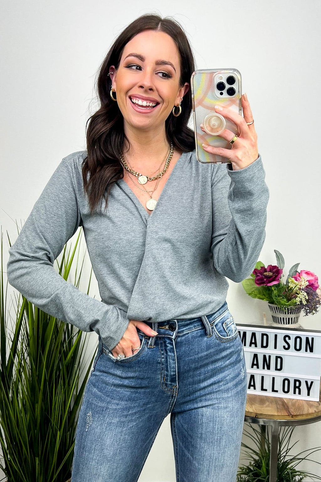  Geena Long Sleeve Ruched Surplice Bodsuit - FINAL SALE - Madison and Mallory