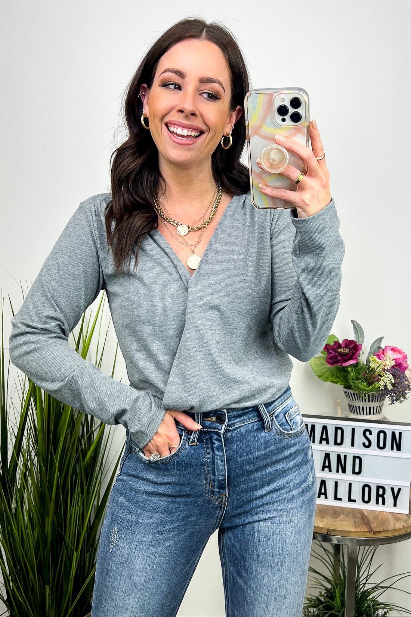  Geena Long Sleeve Ruched Surplice Bodsuit - FINAL SALE - Madison and Mallory