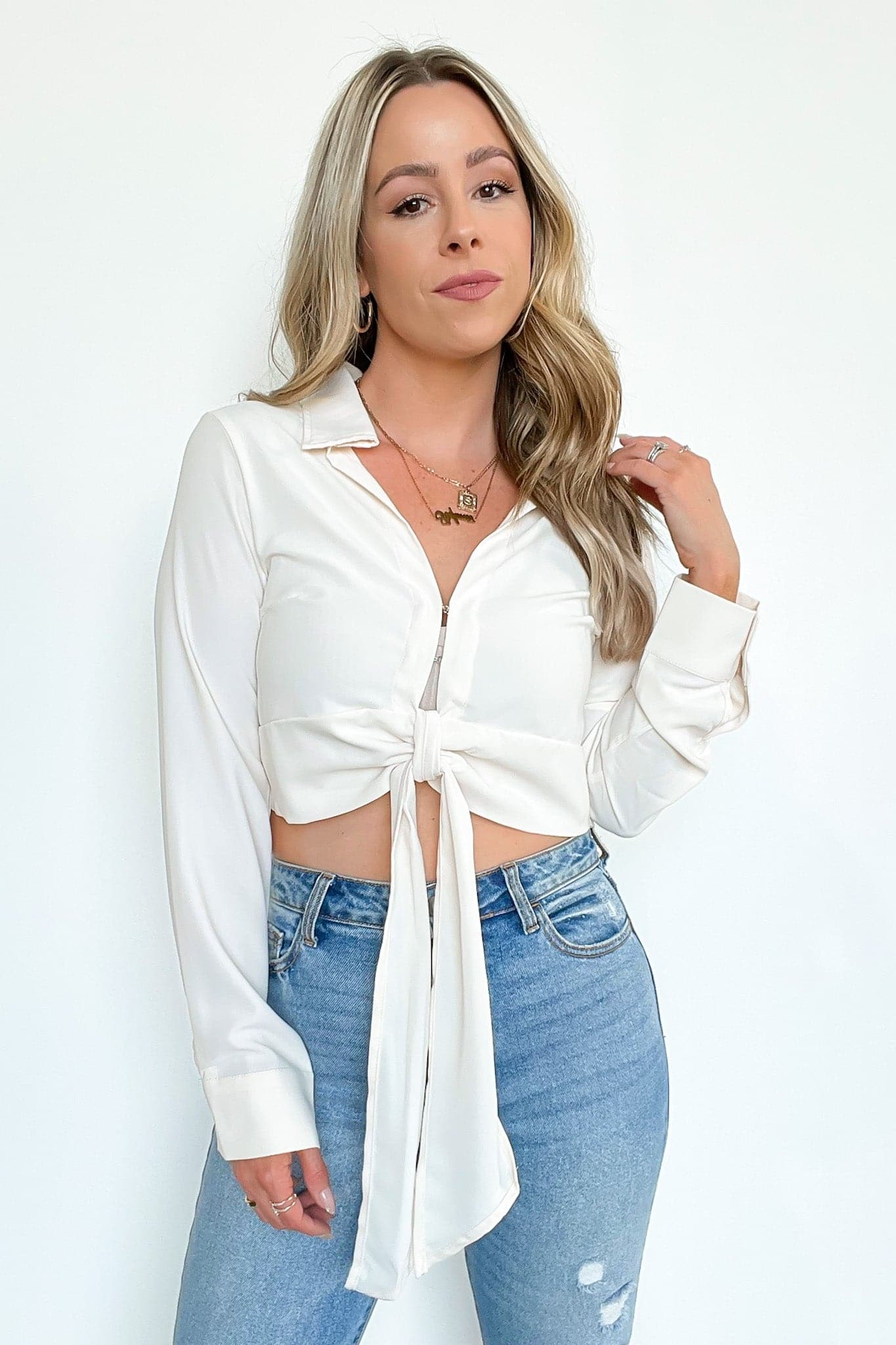  Get Their Attention Tie Front Collared Top - FINAL SALE - Madison and Mallory