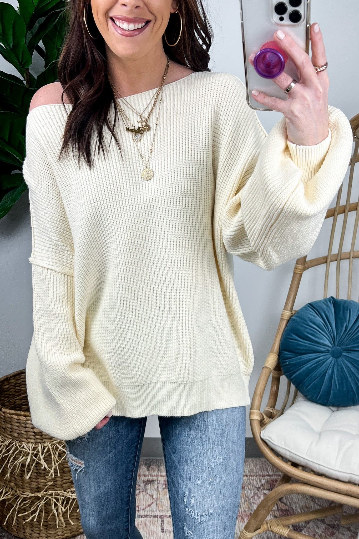 Ivory / S Gramm Boat Neck Ribbed Knit Sweater - Madison and Mallory