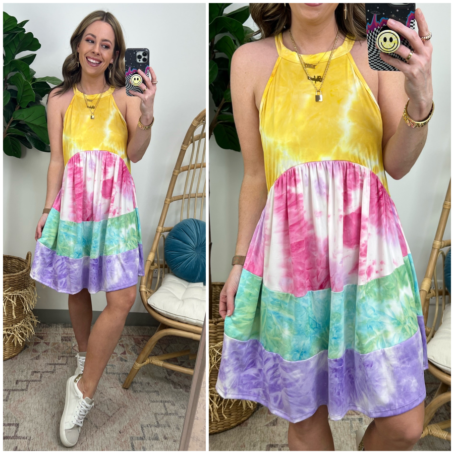  Happiest Here Rainbow Dye Tiered Halter Dress - FINAL SALE - Madison and Mallory