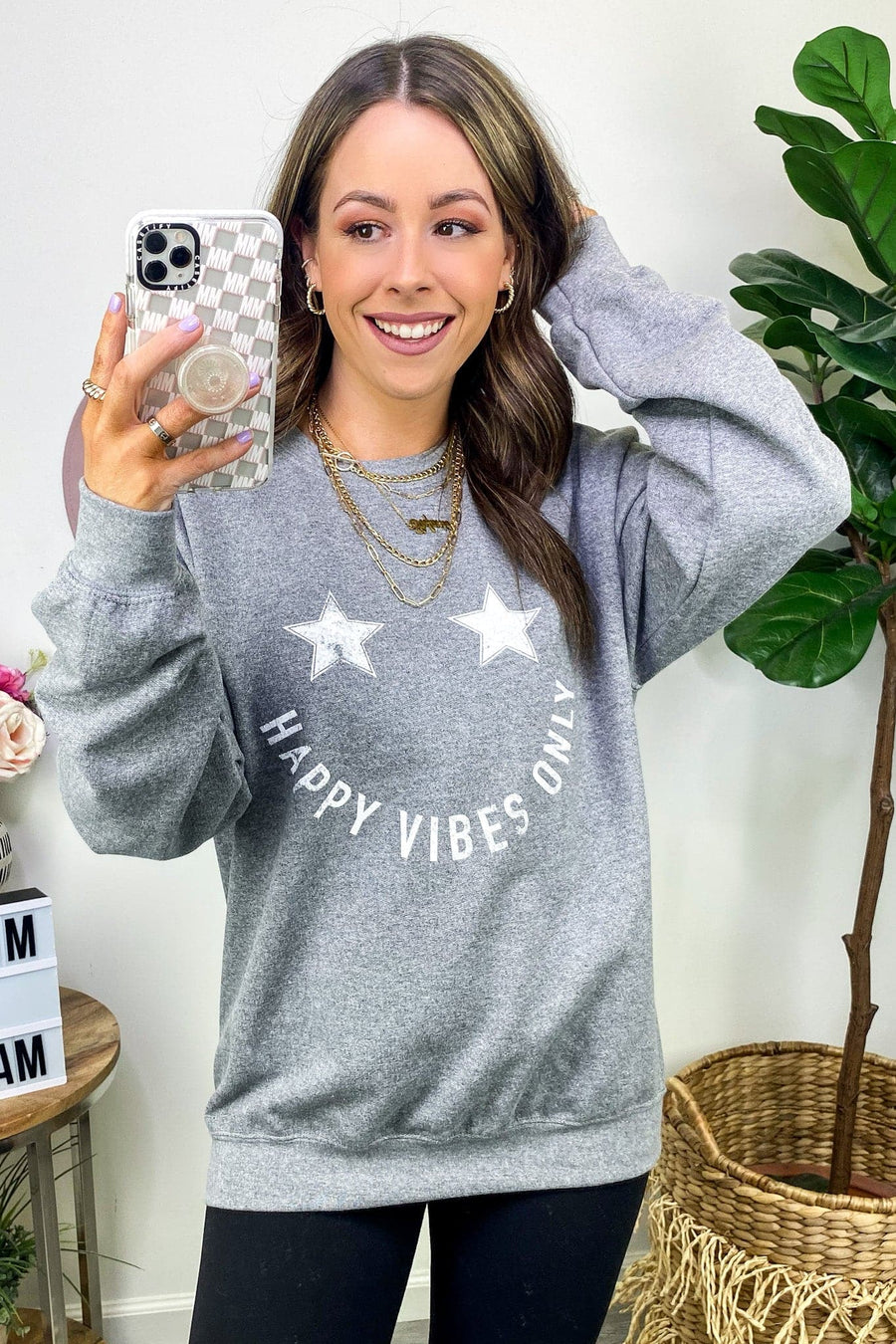 S / Heather Gray Happy Vibes Only Smile Graphic Pullover - FINAL SALE - Madison and Mallory