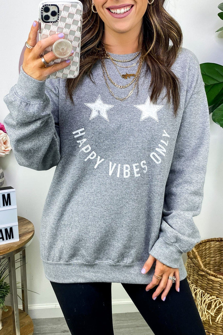  Happy Vibes Only Smile Graphic Pullover - FINAL SALE - Madison and Mallory