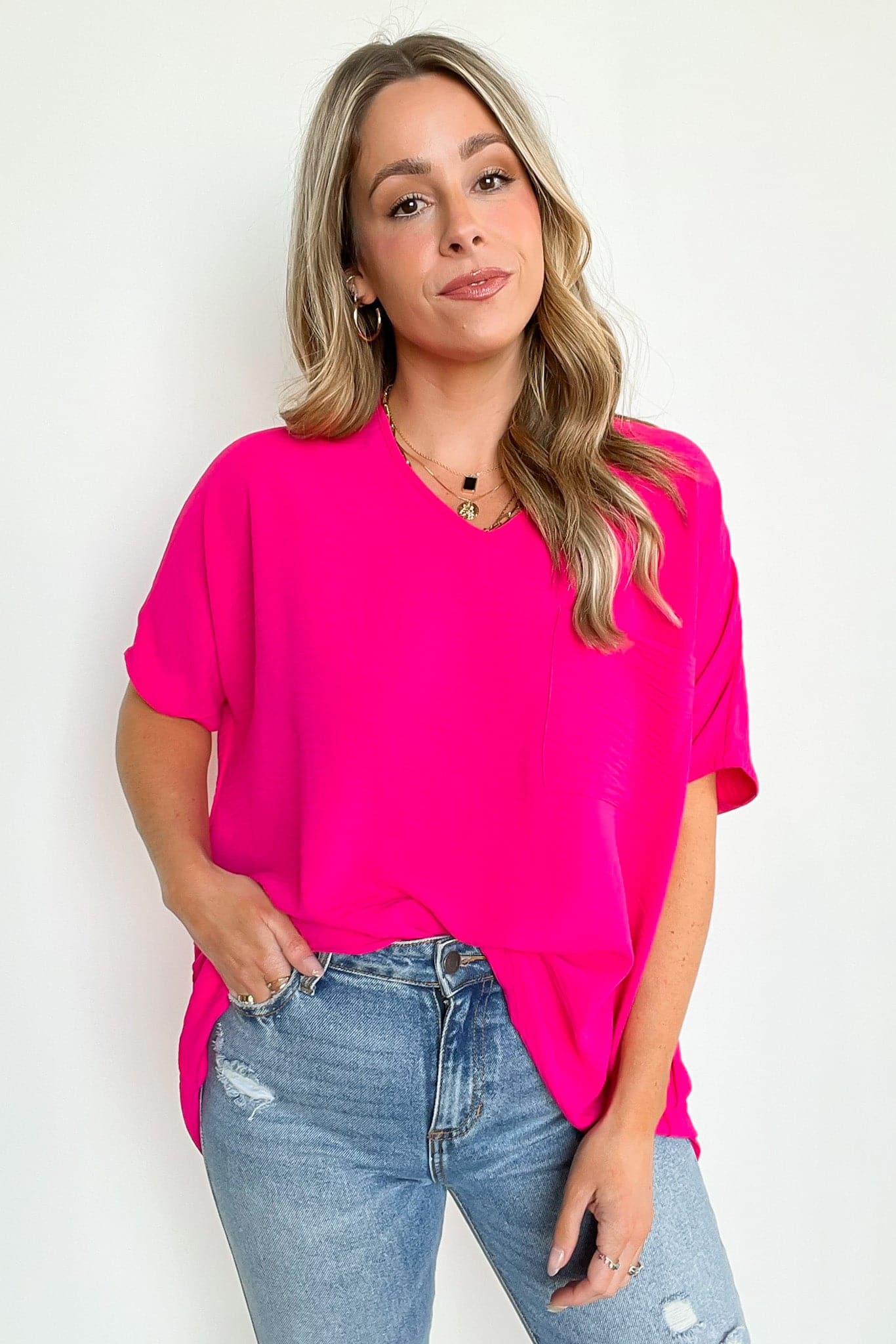 Hot Pink / S Have it Here V-Neck Pocket Top | BACK IN STOCK + NEW COLORS - Madison and Mallory