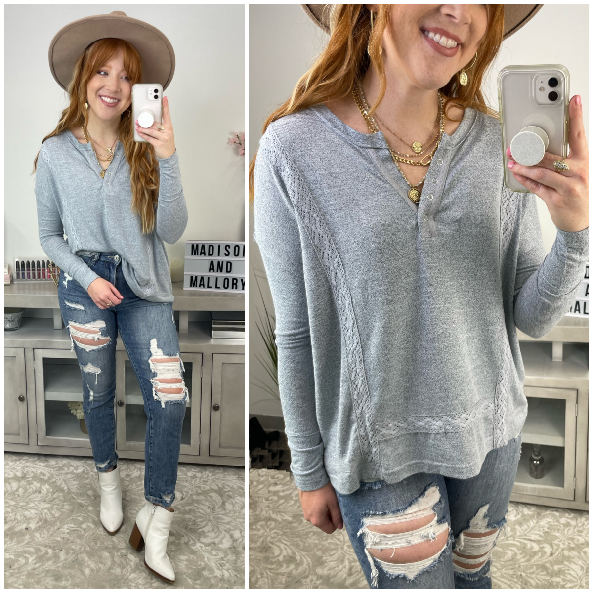  Haywood Lace Accent Henley Top - FINAL SALE - Madison and Mallory