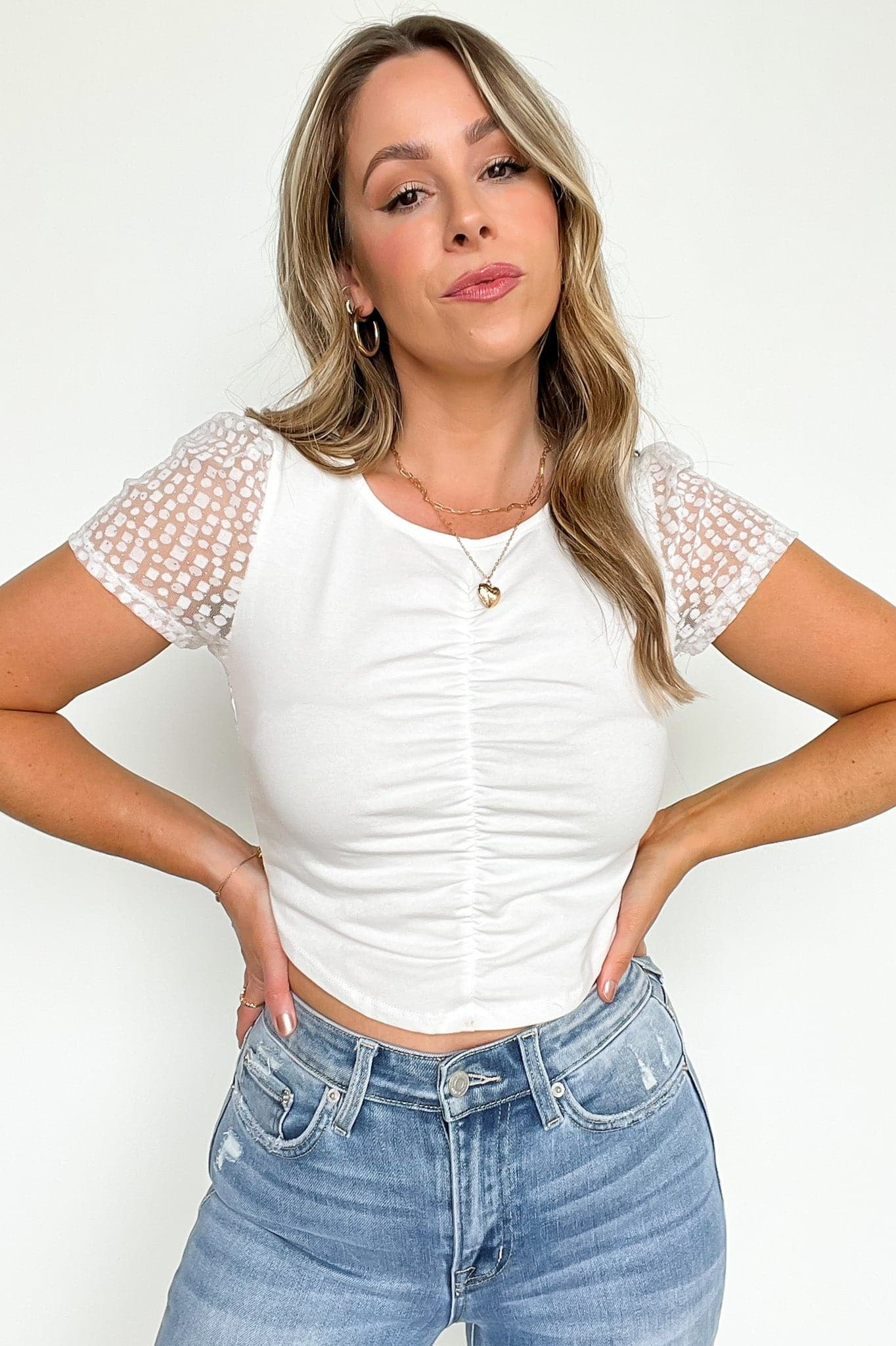 White / S Highly Favored Ruched Mesh Detail Crop Top - FINAL SALE - Madison and Mallory