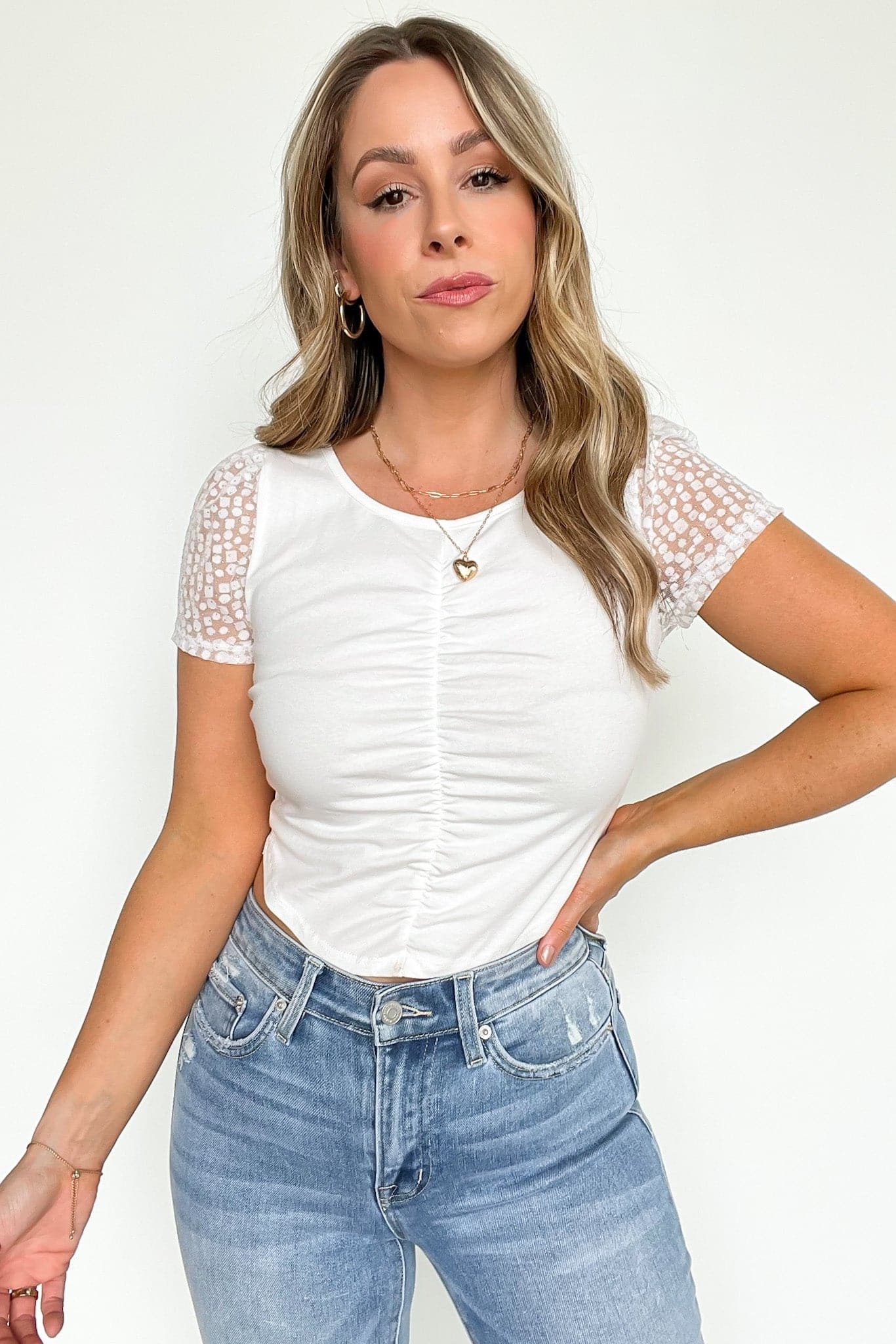  Highly Favored Ruched Mesh Detail Crop Top - FINAL SALE - Madison and Mallory