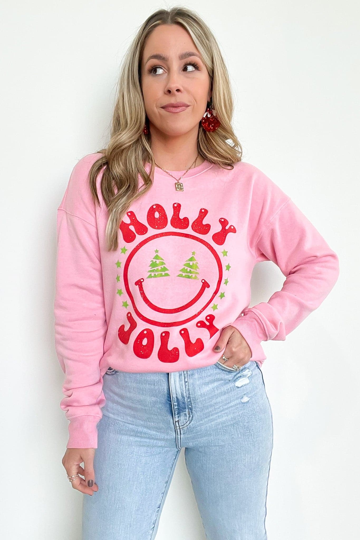  Holly Jolly Smile Oversized Graphic Sweatshirt - FINAL SALE - Madison and Mallory