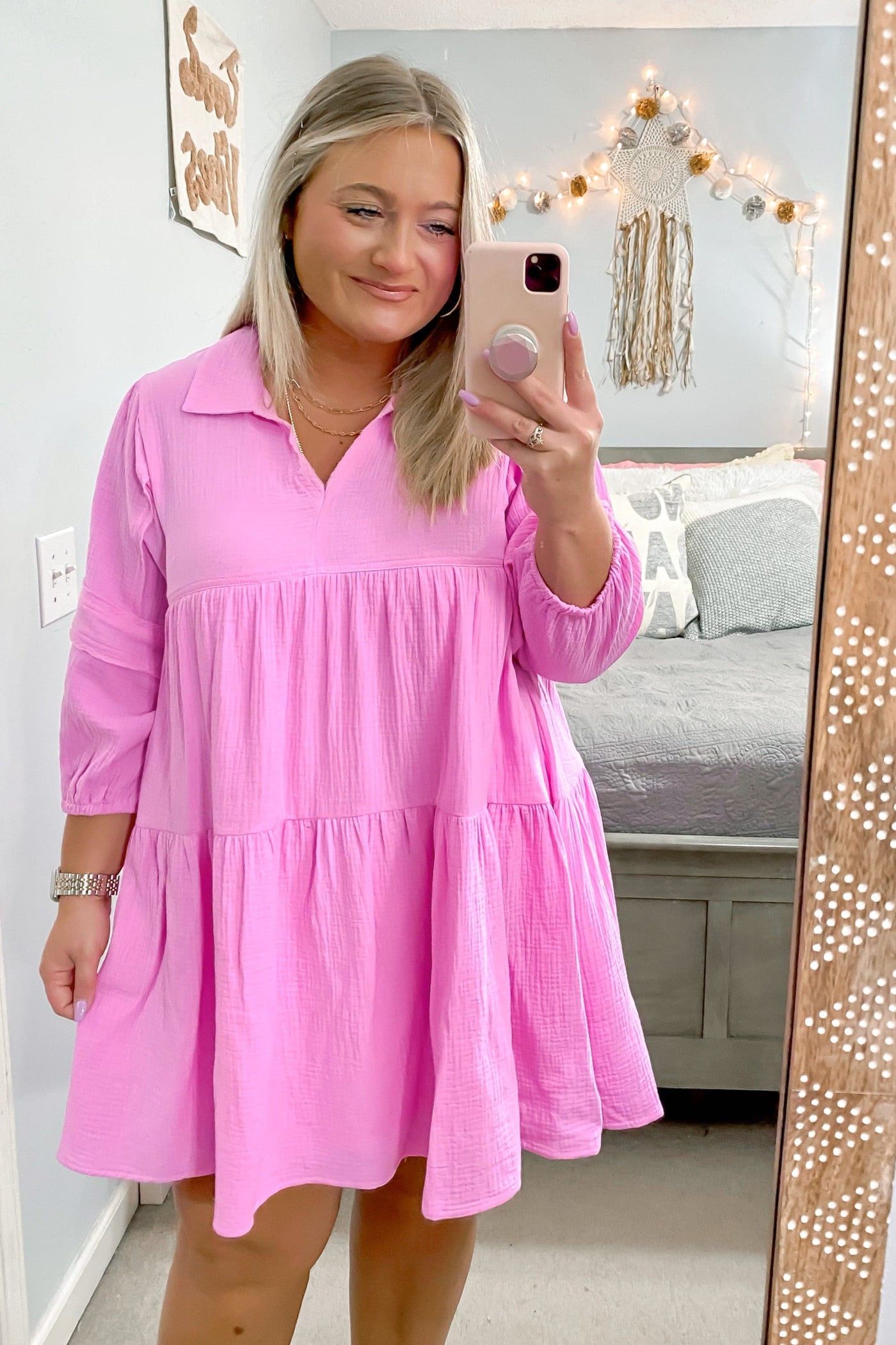 Cool Pink / S Metamora Tiered Collared Dress - FINAL SALE - Madison and Mallory