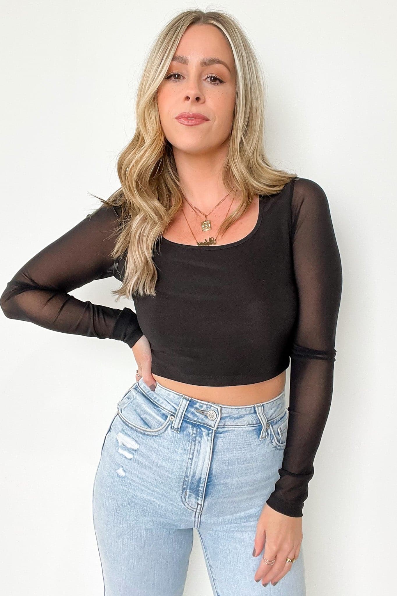  Evenings in Love Mesh Sleeve Cropped Top - FINAL SALE - Madison and Mallory