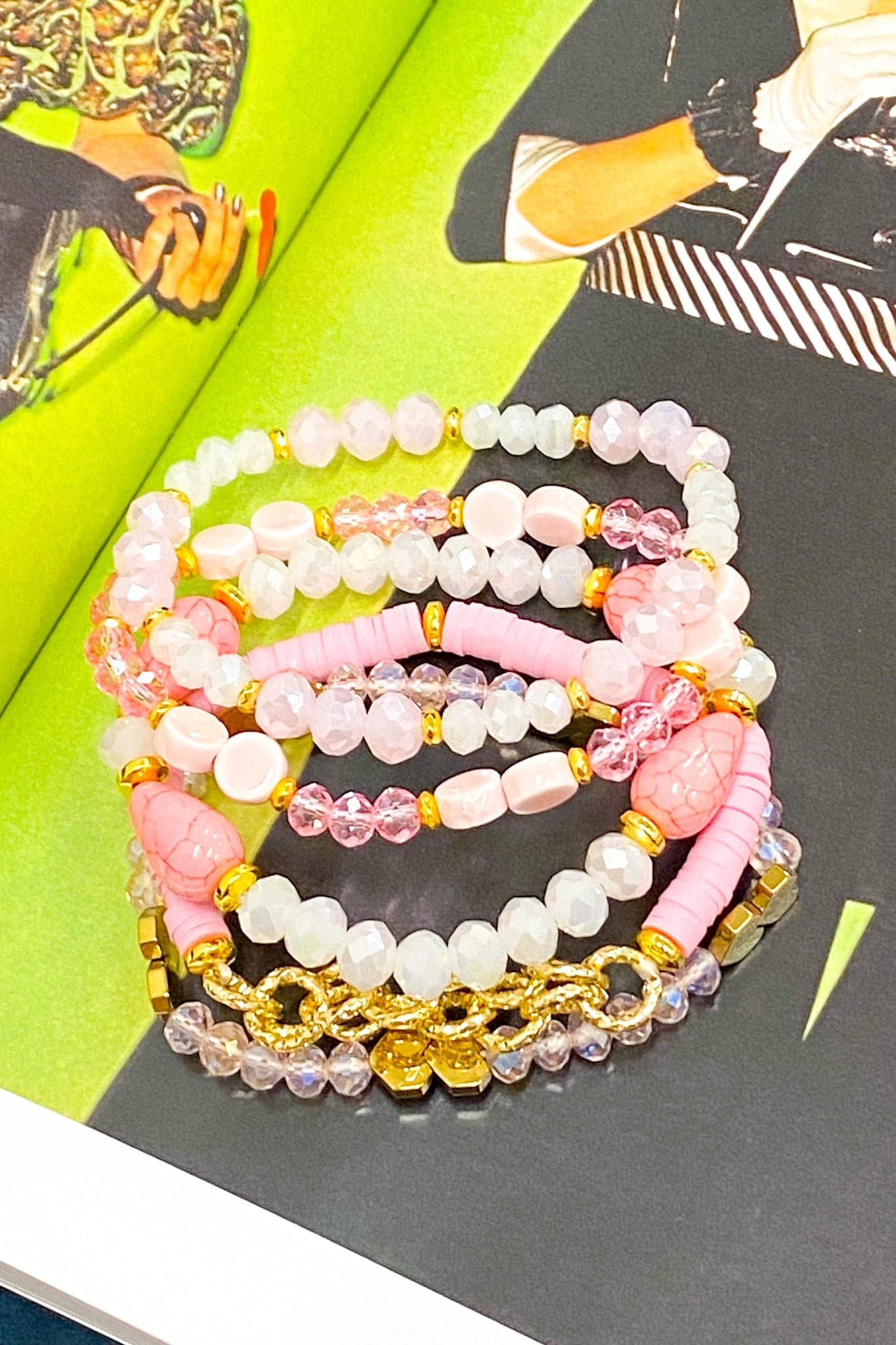 Pink Guarantee Happiness Multi Bead Bracelet Stack - Madison and Mallory