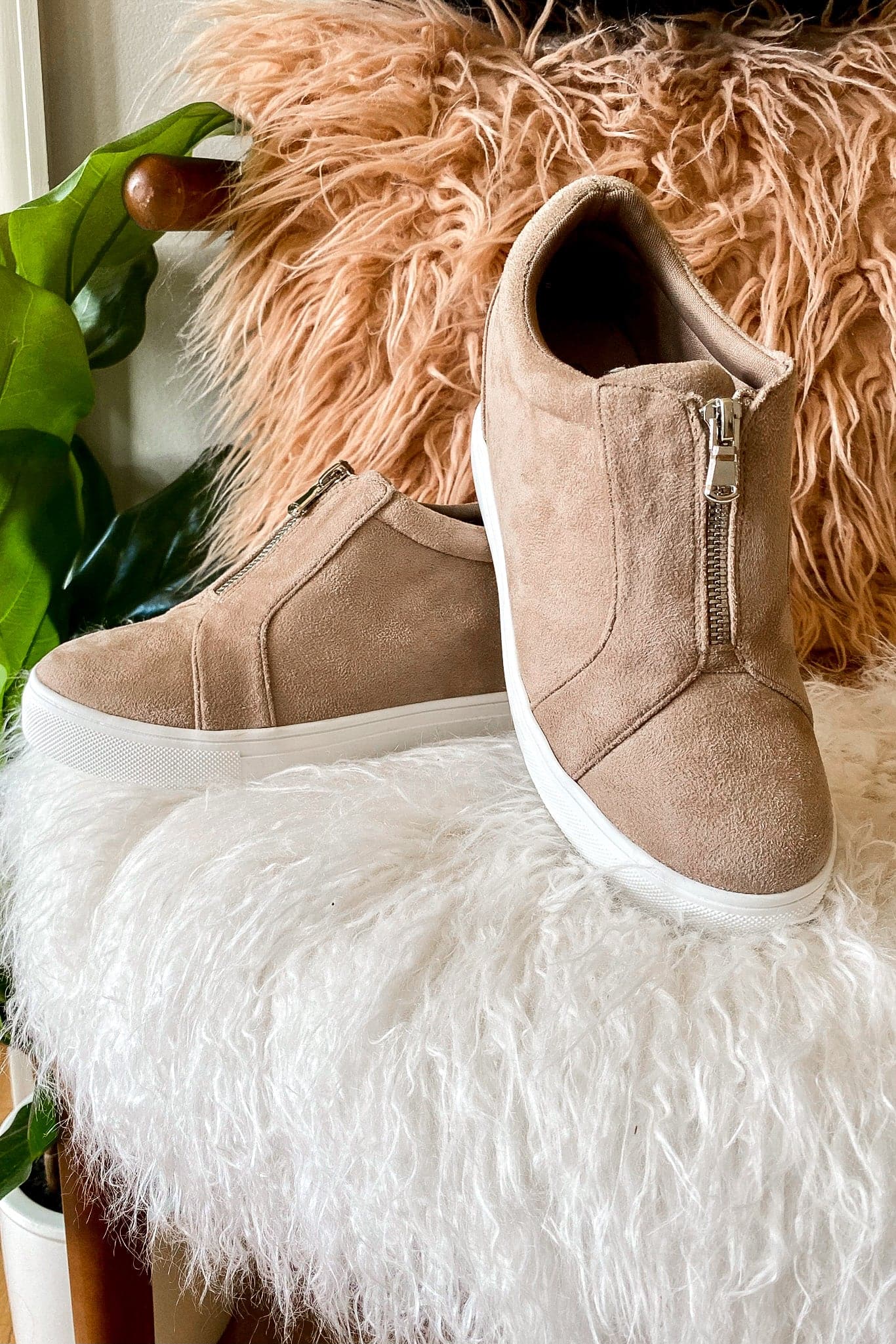 Taupe / 5 Blaise Zip Front Wedge Sneakers - FINAL SALE - Madison and Mallory