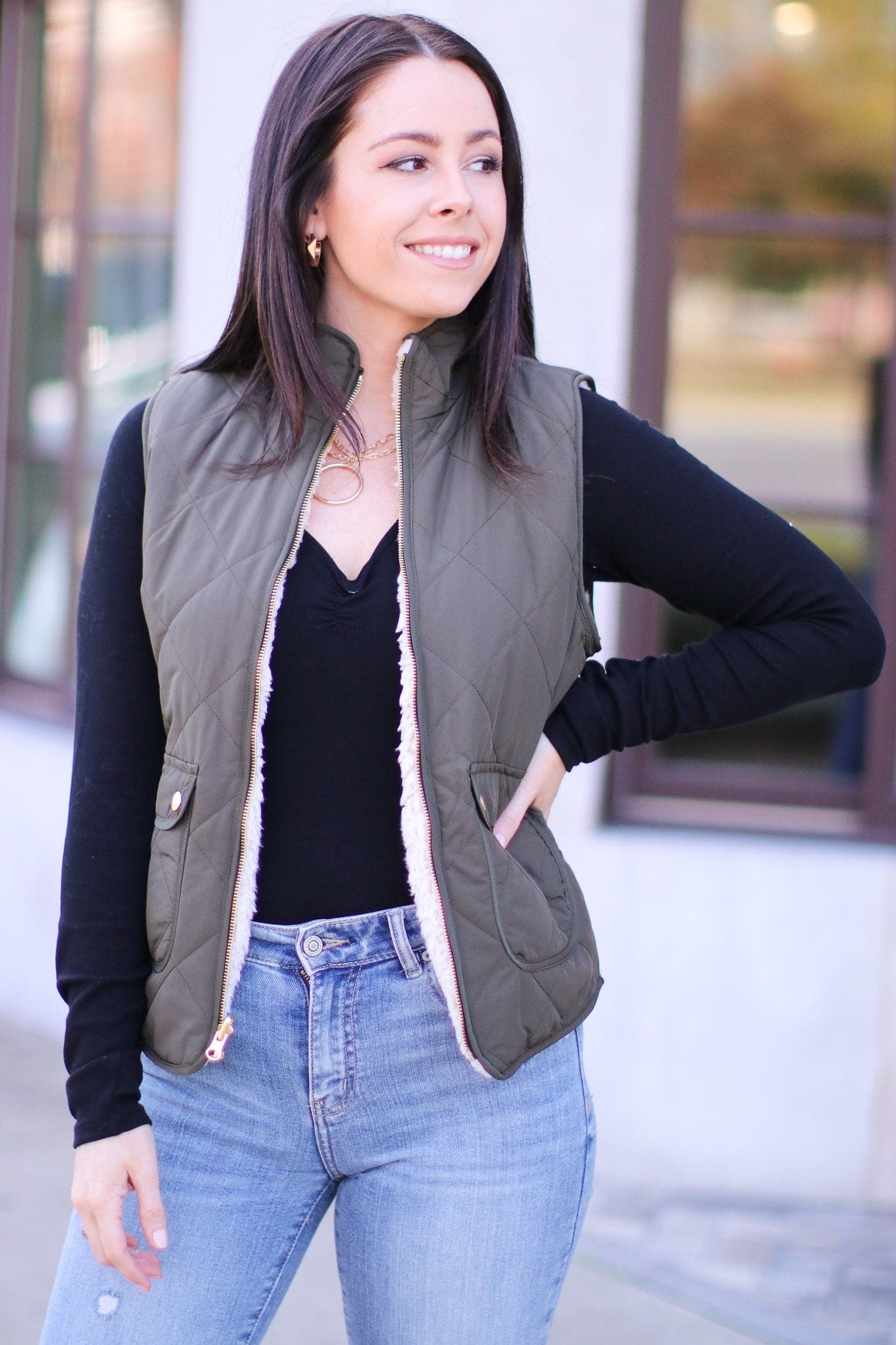 Olive / S Norridge Reversible Sherpa Quilted Vest - FINAL SALE - Madison and Mallory