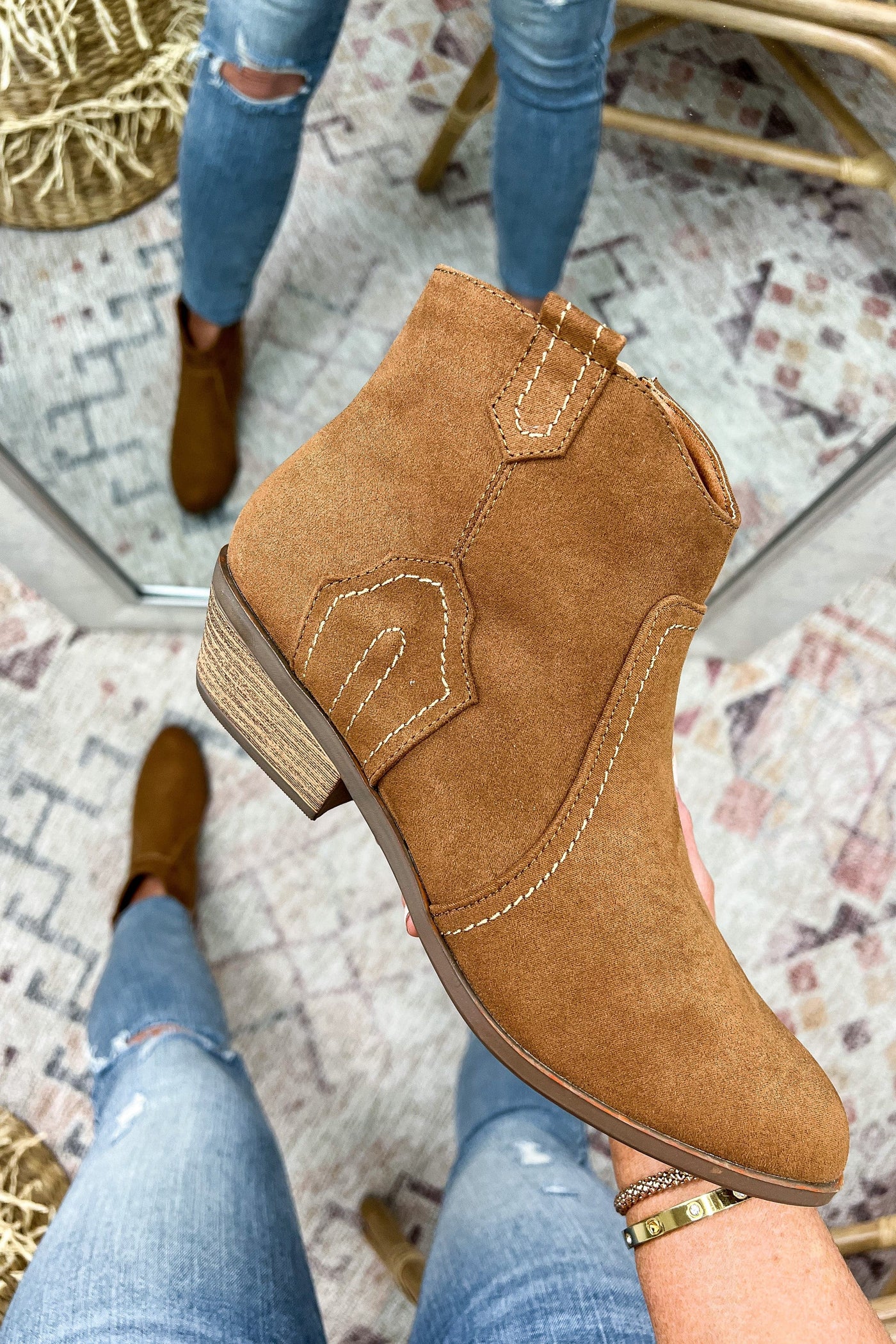 Camel / 5.5 Park West Faux Suede Stitch Accent Booties - FINAL SALE - Madison and Mallory