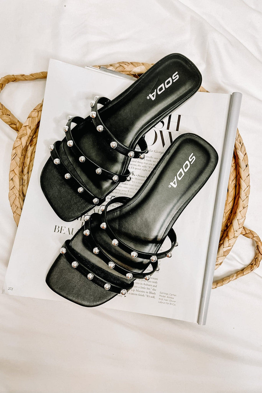 Black / 5.5 Slip on By Strappy Studded Sandals - FINAL SALE - Madison and Mallory