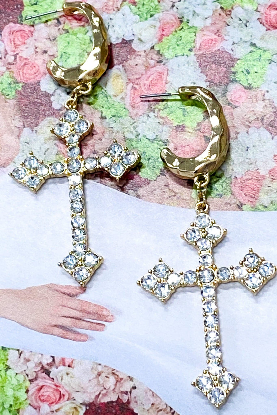 Gold Svea Crystal Cross Drop Hoop Earrings - Madison and Mallory