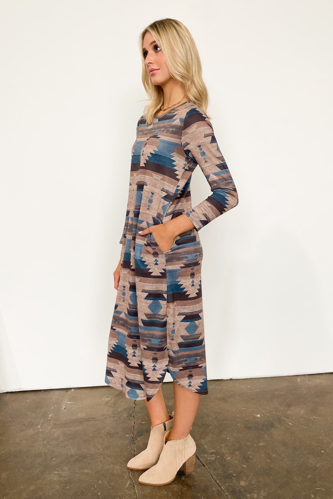  Montana Views Geo Print Long Sleeve Dress - FINAL SALE - Madison and Mallory