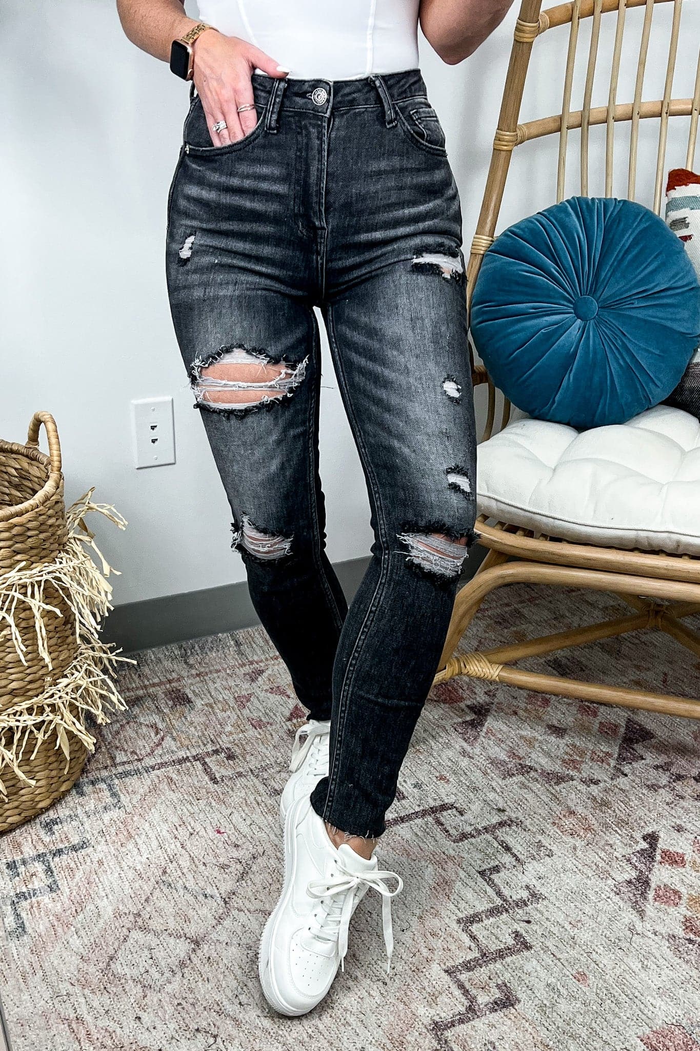  Rave High Rise Distressed Relaxed Skinny Jeans - Risen - Madison and Mallory