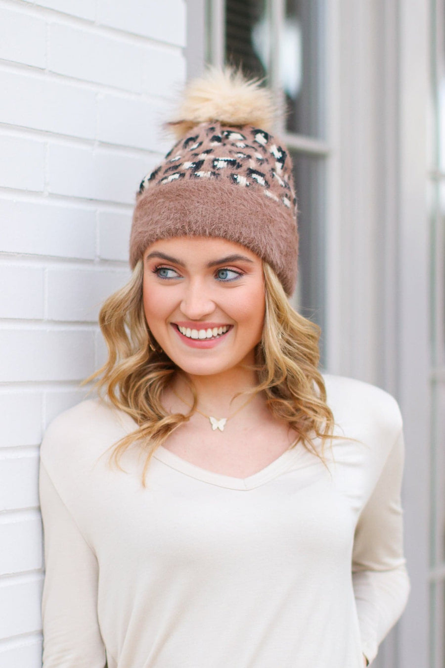 Taupe *DOORBUSTER* Indulgence Leopard Pom Pom Beanie - Taupe - FINAL SALE - Madison and Mallory