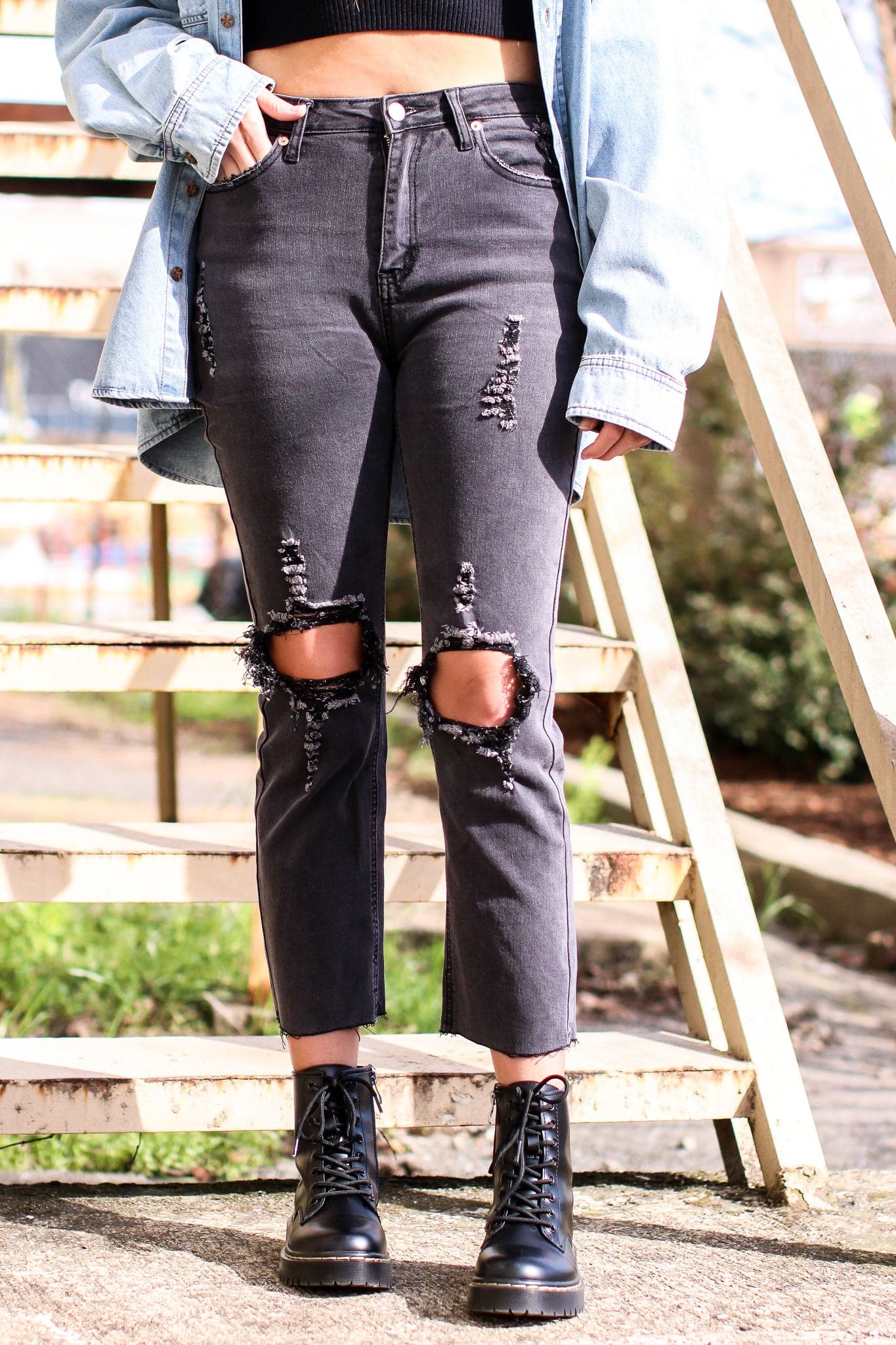 Black / S Cristea Distressed High Rise Jeans - Black - FINAL SALE - Madison and Mallory