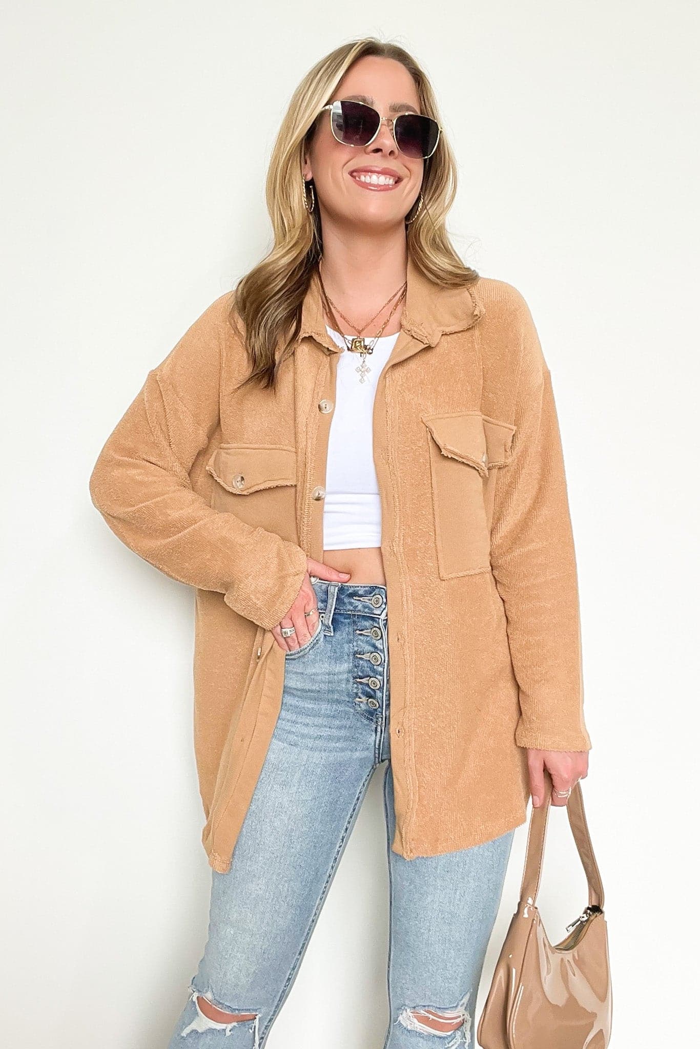 Camel / S Staple Style Raw Edge Relaxed Fit Shacket - FINAL SALE - Madison and Mallory