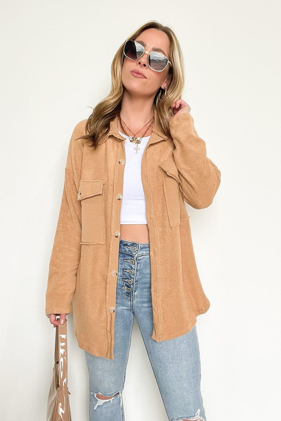  Staple Style Raw Edge Relaxed Fit Shacket - Madison and Mallory