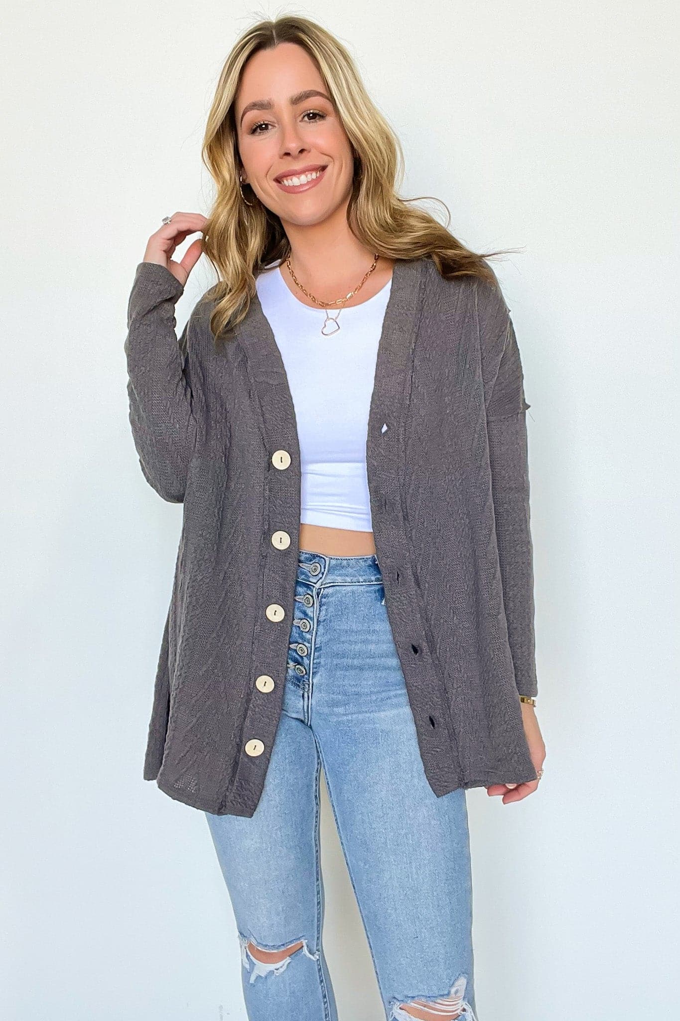 Charcoal / S Mind at Ease Cable Knit Button Down Cardigan - FINAL SALE - Madison and Mallory