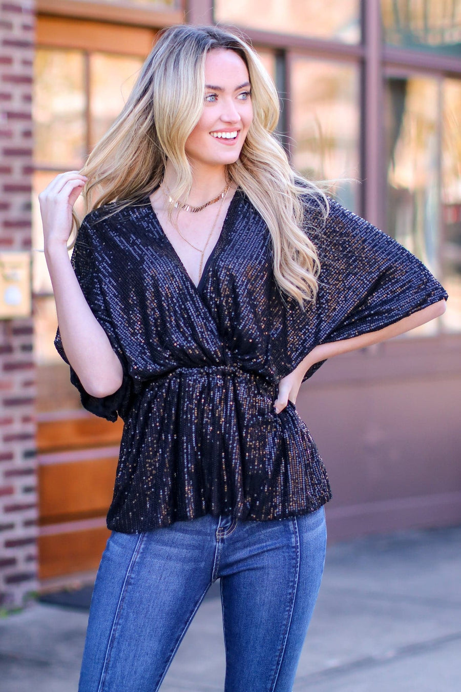 S / Black Sequins of Events V-Neck Top - FINAL SALE - Madison and Mallory