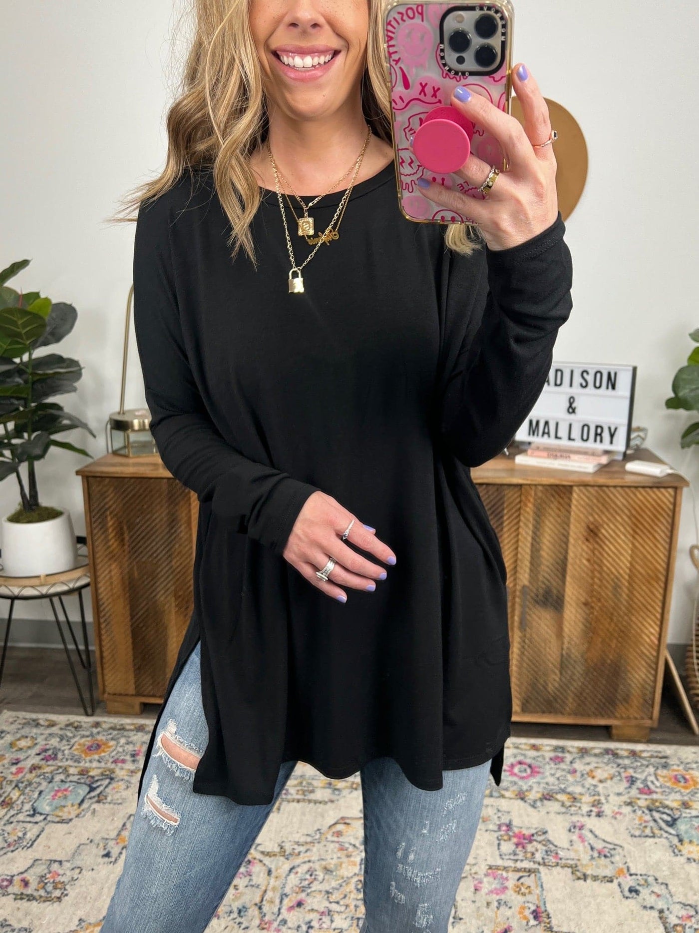 Black / S Downtown Walk Long Sleeve Tunic Top - FINAL SALE - Madison and Mallory