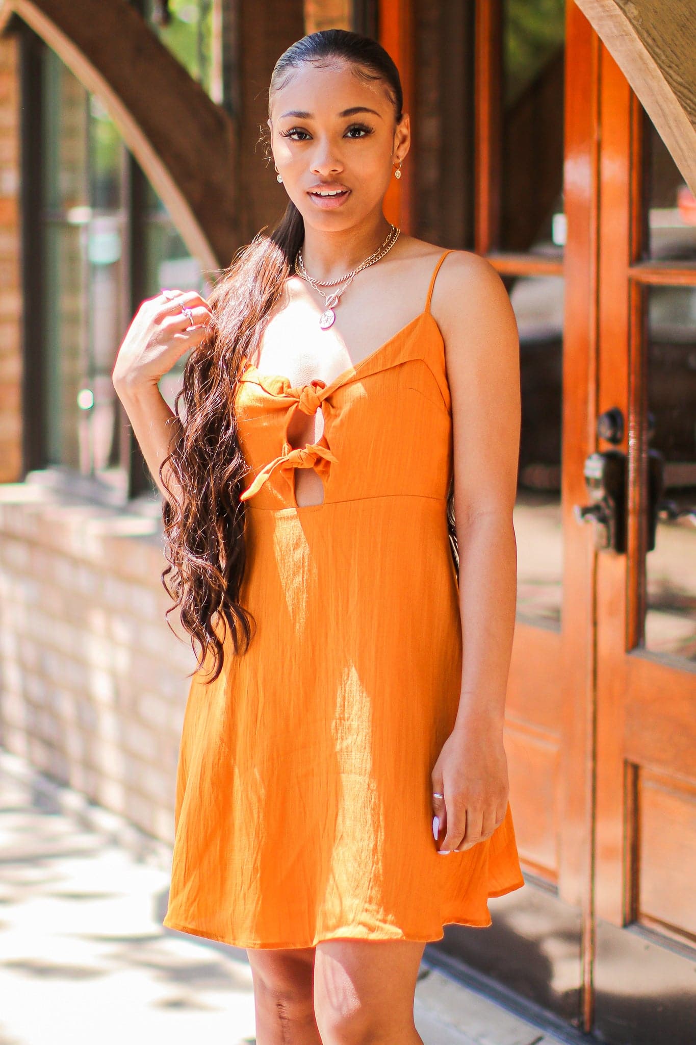 S / Camel Worth a Tie Cutout Front Dress - FINAL SALE - Madison and Mallory