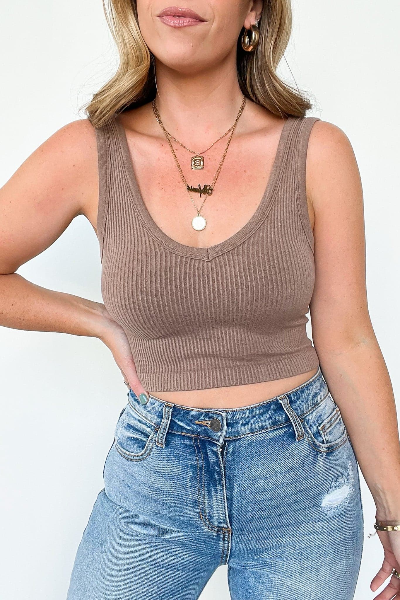 Taupe / S Alenah Seamless Ribbed Tank Bra Top- BACK IN STOCK - Madison and Mallory