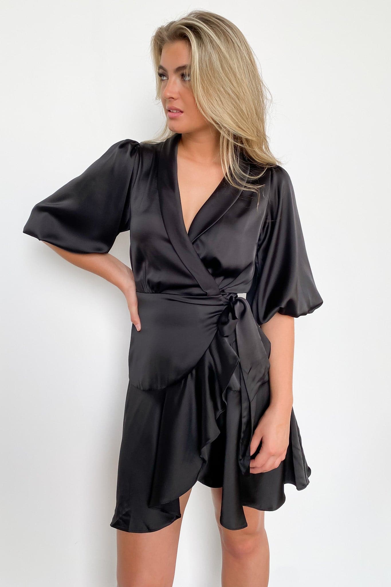  Adoring Glances Satin Ruffle Wrap Dress - FINAL SALE - Madison and Mallory