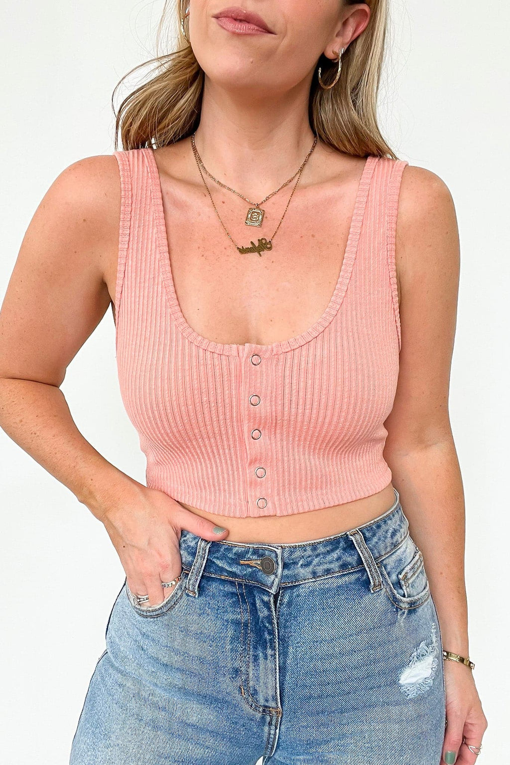 Coral / S Play by the Rules Ribbed Snap Button Crop Tank - FINAL SALE - Madison and Mallory