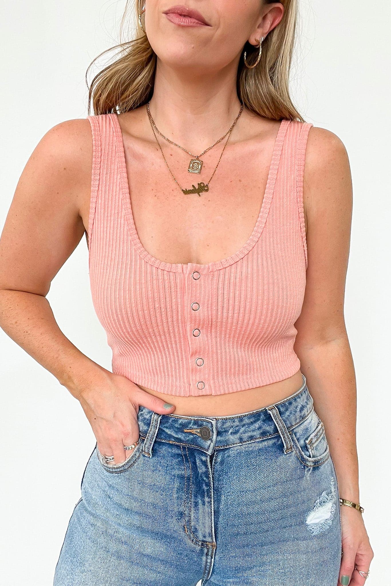 Coral / S Play by the Rules Ribbed Snap Button Crop Tank - FINAL SALE - Madison and Mallory