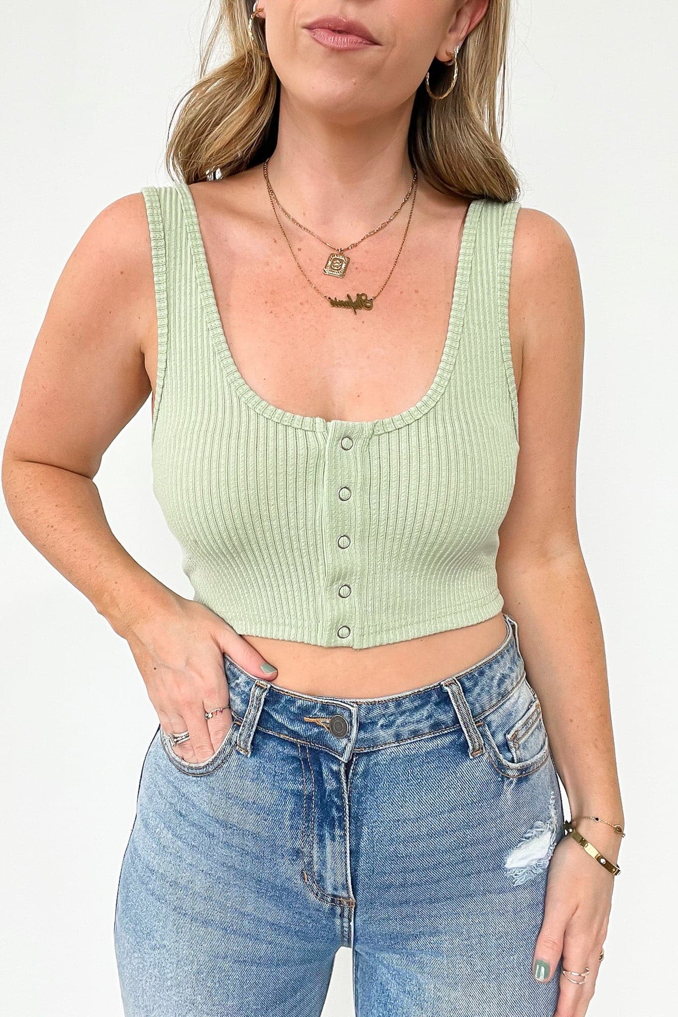 Sage / S Play by the Rules Ribbed Snap Button Crop Tank - Madison and Mallory