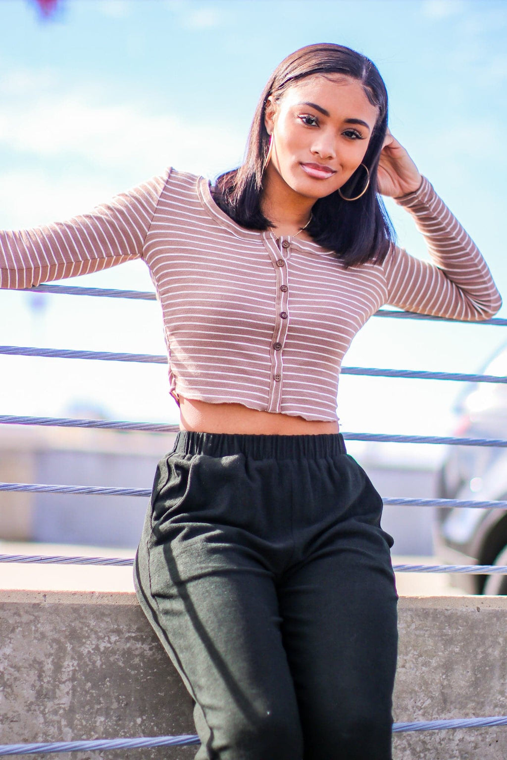 Mocha / S Kellie V-Neck Striped Button Top - FINAL SALE - Madison and Mallory