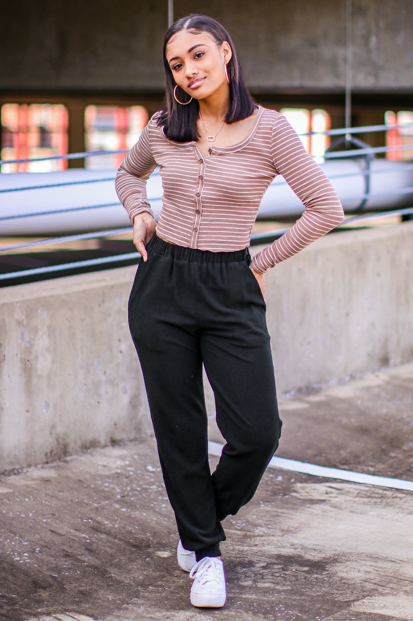  Kellie V-Neck Striped Button Top - FINAL SALE - Madison and Mallory