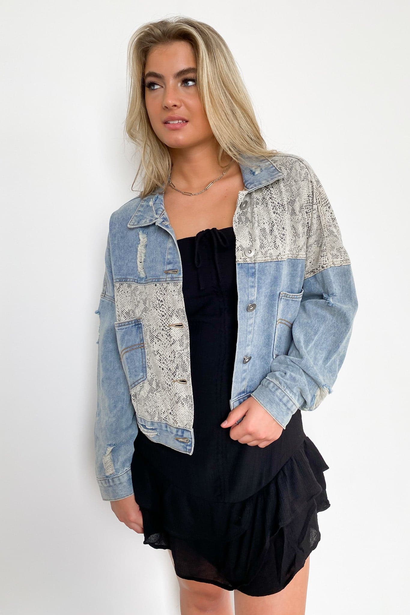  Genuine Confidence Snake Contrast Distressed Denim Jacket - FINAL SALE - Madison and Mallory