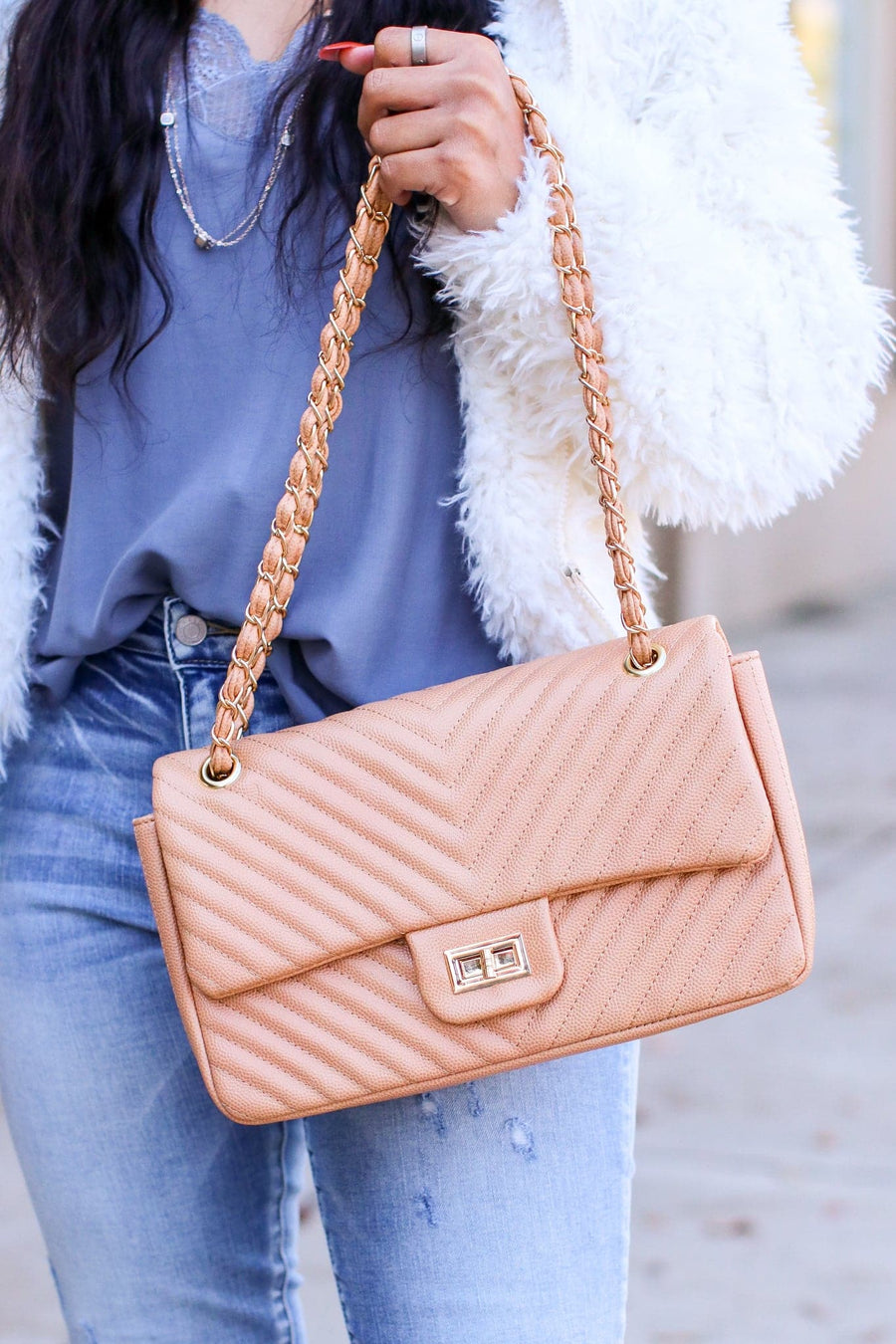 Nude In Line with Style Quilted Flap Crossbody Bag - FINAL SALE - Madison and Mallory