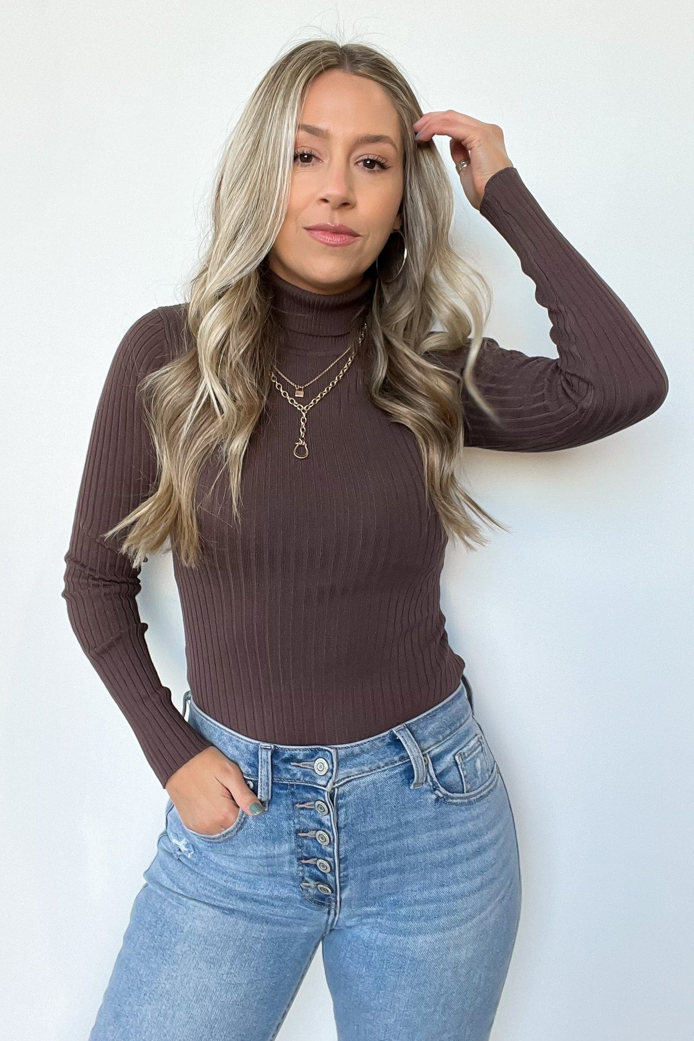 Brown / S Linwood Ribbed Knit Turtleneck Bodysuit - BACK IN STOCK - Madison and Mallory