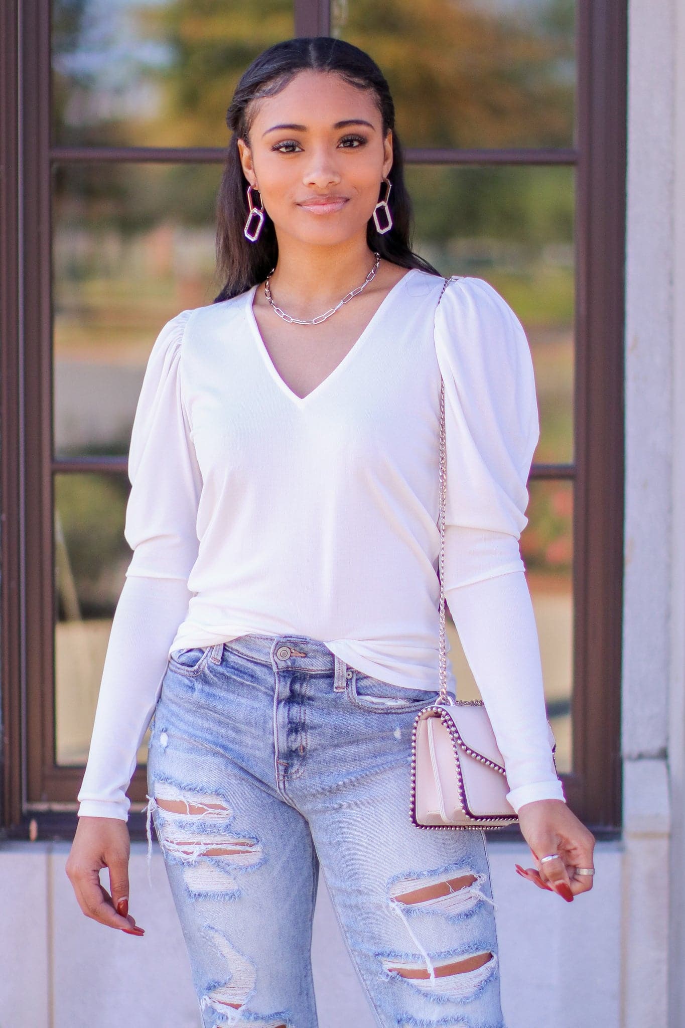 S / White Fashion Force Puff Sleeve Knit Top - FINAL SALE - Madison and Mallory