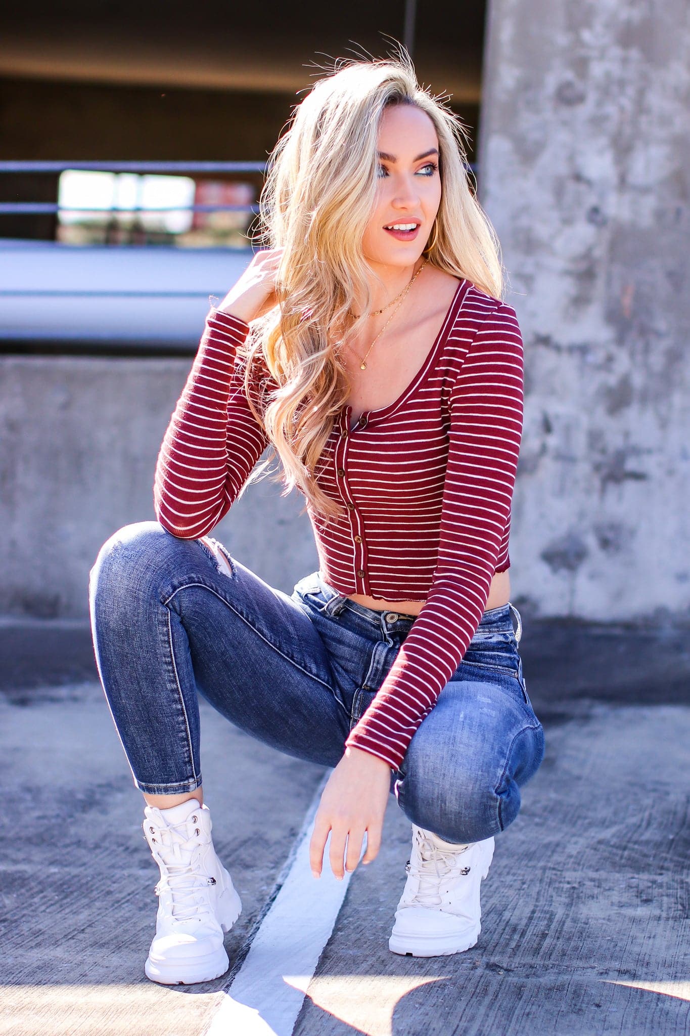 Brick / S Kellie V-Neck Striped Button Top - FINAL SALE - Madison and Mallory
