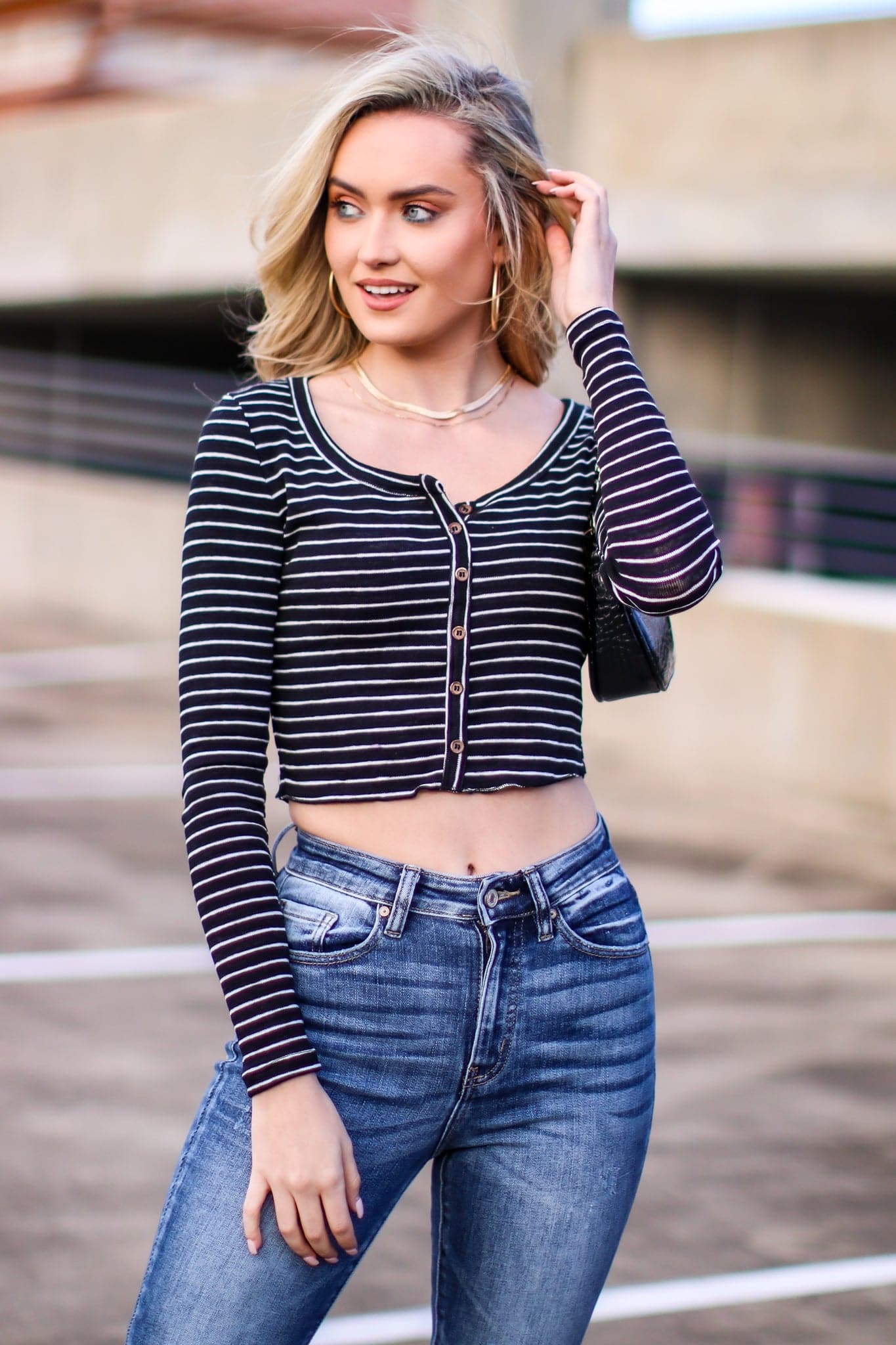 Black / S Kellie V-Neck Striped Button Top - FINAL SALE - Madison and Mallory