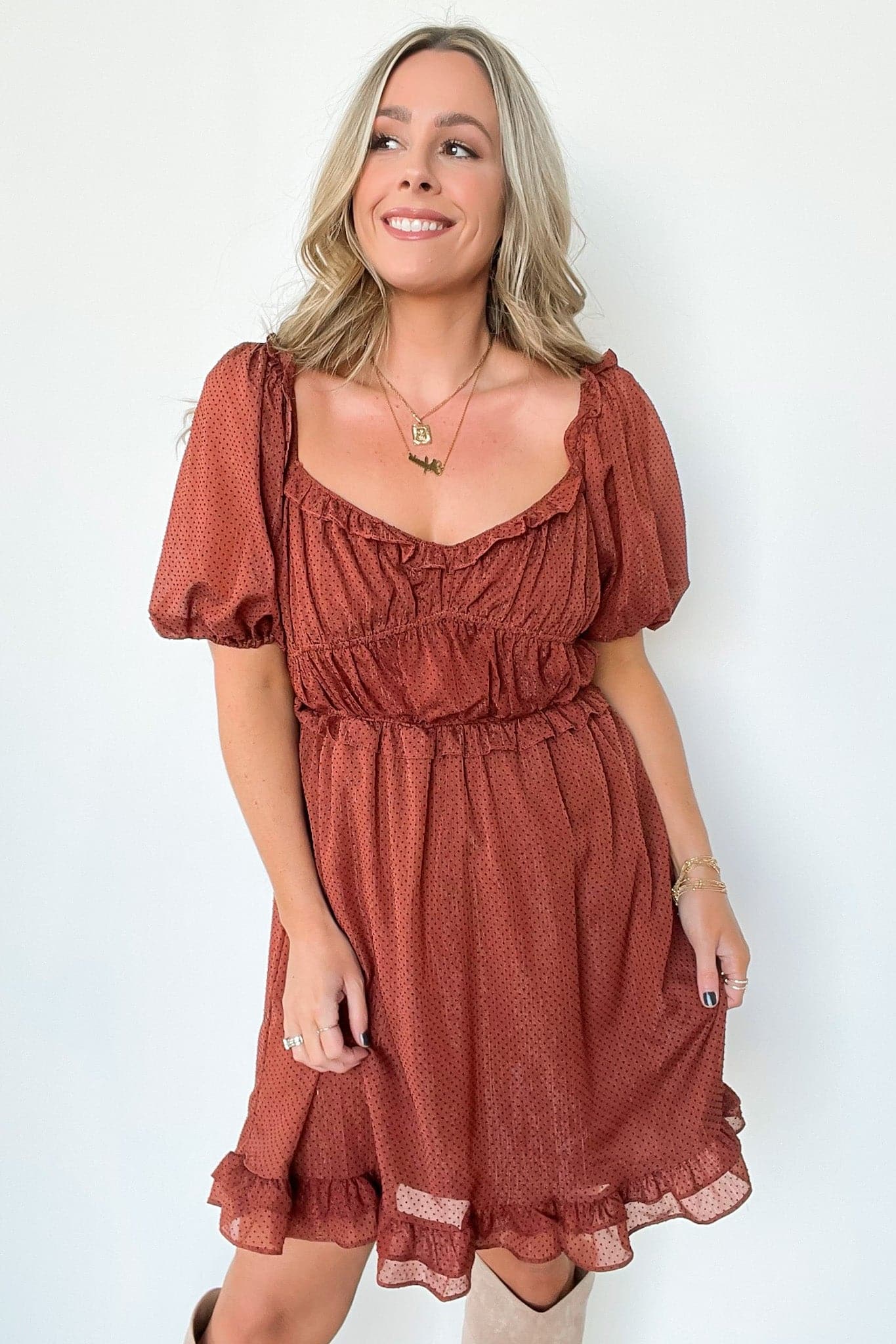 Rust / S Daria Polka Dot Ruffle Dress - FINAL SALE - Madison and Mallory