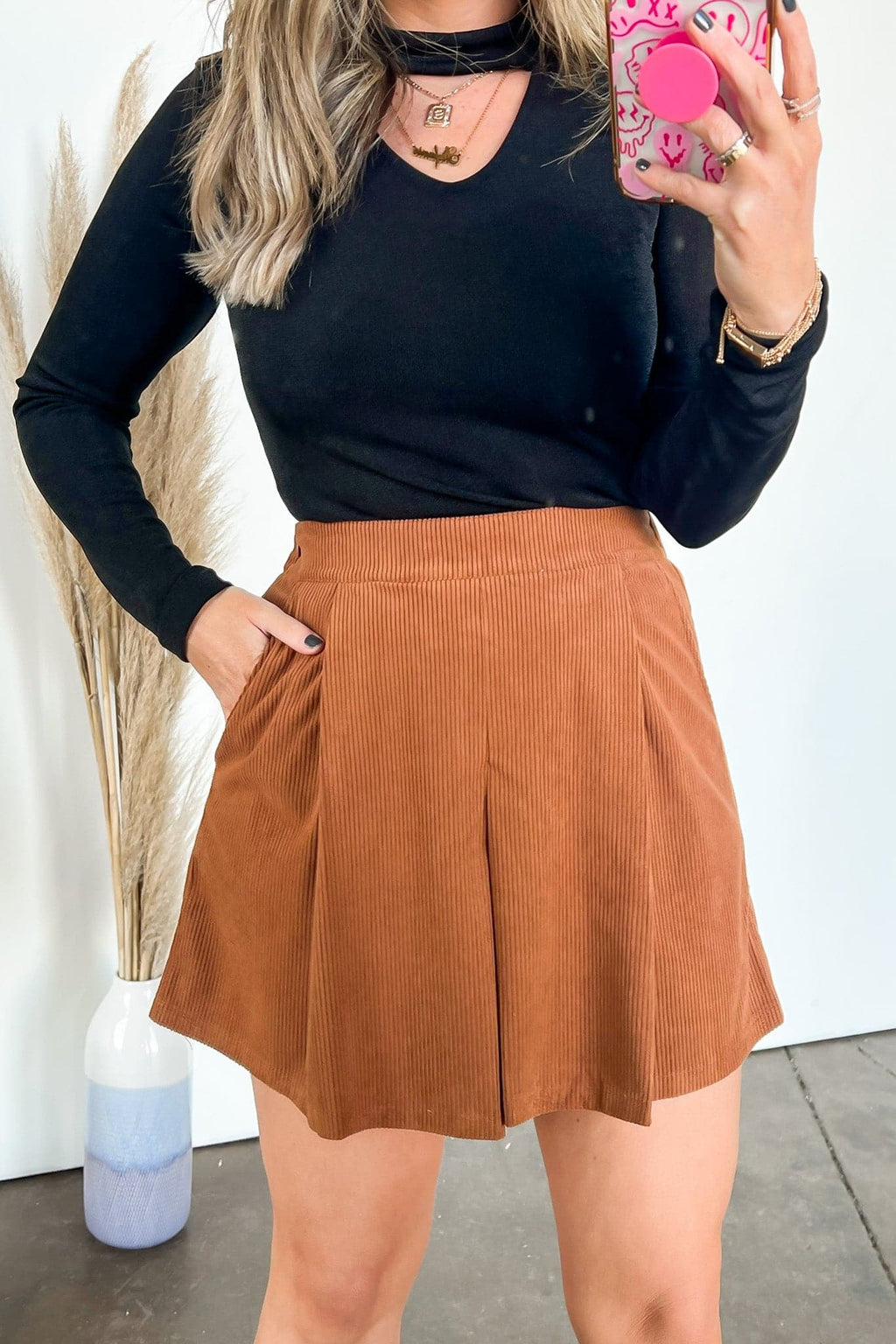 Camel / S Donia Pleated Corduroy Shorts - FINAL SALE - Madison and Mallory