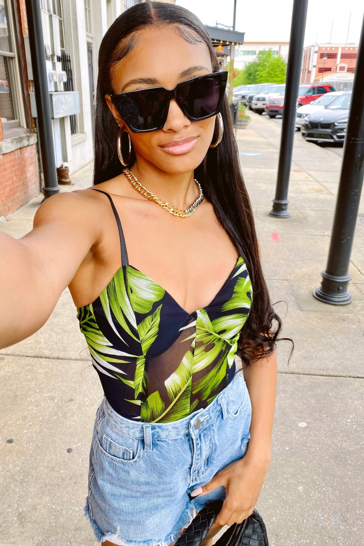 S / Black/Green In the Tropics Palm Print Bodysuit - FINAL SALE - Madison and Mallory